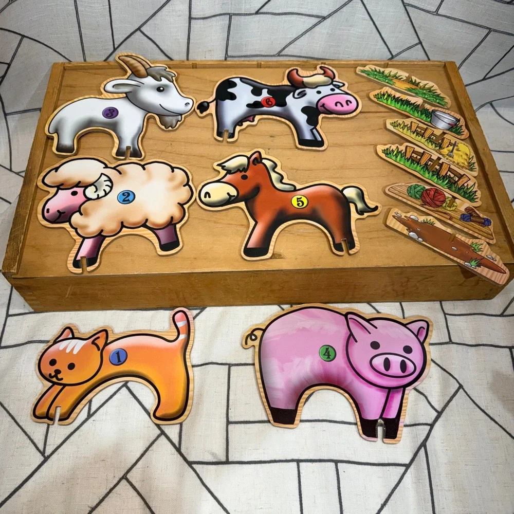 Wooden Farm Animal Standees‎ Set of 6 Preschool Learning Manipulative Counting